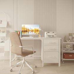 Lufeiya White Desk with Fabric File Drawers Cabinet, 47 Inch Reversible Computer Desk with Filing Cabinet for Bedroom Small Space Home Office, Modern 