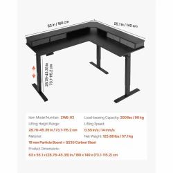 221# L Shaped Desk, Electric Adjustable Height Corner Gaming Desk with CPU Stands, Dual Hooks and Fabric Drawers, L-Shaped Computer Table with Power S