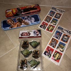 New Star Wars bundle. Erasers, 2 tin pencil holder/cases, stickers