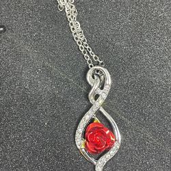 Rose Accent Silver Knot Diamond Necklace And Pendant 