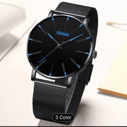 Luxury Wristwatch With Blue Lettering, Black Background And Black Wristband