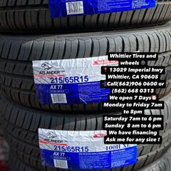 SET OF NEW TIRES215/65R15 ATLANDER , INCLUDING MOUNTING AND BALANCING. ASK ME FOR ANY SIZE OR BRAND, WE HAVE THE BEST PRICES OF CALIFORNIA