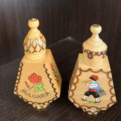 Pair of Hand Painted Wooden Perfume 
Bottle Holders, Rose Oil Inside. 4"H. PLEASE READ DESCRIPTION