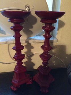 Red real wood candle sticks/ holder