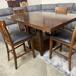 Counter height 6pc dining set solid wood medium brown 42-60”table (leaf included) and 4 matching chairs $599 (was $799, msrp $1,299)