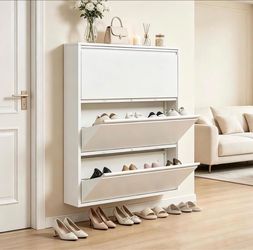 Shoe Storage Cabinet with 3 Flip Drawers, Hidden Wall Mounted Slim Shoe Rack Cabinet, Metal Narrow Shoe Cabinet for Entryway Hallway