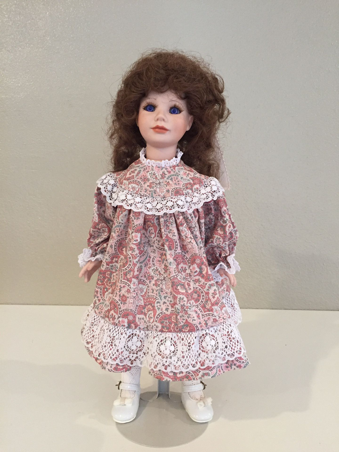 Vintage 17in Porcelain Doll The Prestige Collection Brown Curly Hair Blue Eyes