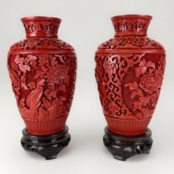 Pair Of Chinese Deep Carved Cinnabar Lacquer Vases Early 1900 Republic 5” Tall