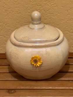 Vintage Stoneware Lidded Jar with Sunflower Accent