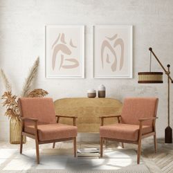 Mid-century Modern Solid Wood  Brown Leather Upholstered Armchairs SET OF 2