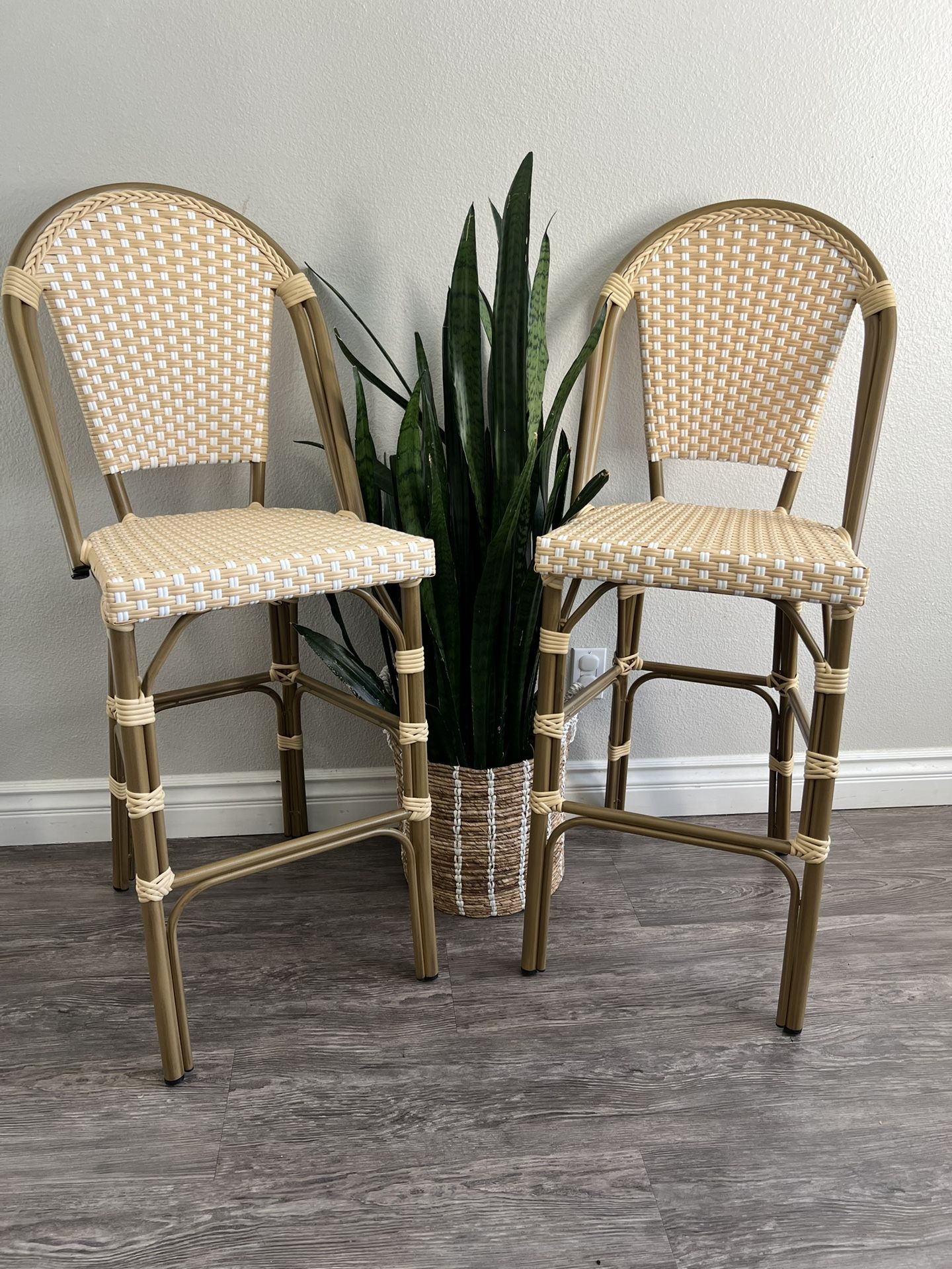 PURPLE LEAF French Bar Stool Set of 2 Bamboo Print Finish Patio Bar Stools with Back Rattan Bar Chairs Wicker Bar Height Stool 30" with Footrest Kitch
