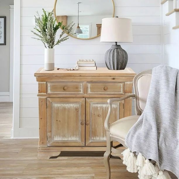 LuxenHome Distressed Wood 2-Drawer 2-Door Storage Cabinet，IF1685