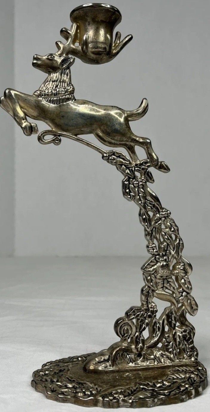 Vintage Godinger Silver Plated Reindeer  Christmas Candle Holder