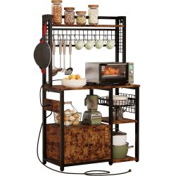 Larger Microwave Stand with Power Outlets, 15.7" D x 35.4" W Kitchen Shelf with Cabinet and 12 Hooks, Industrial Shelf for Kitchen, Vintage Brown