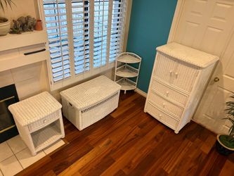 4-Piece White Wicker Bedroom Set – Cabinet, Trunk, Shelf & Nightstand