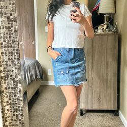 SO distressed jean skirt