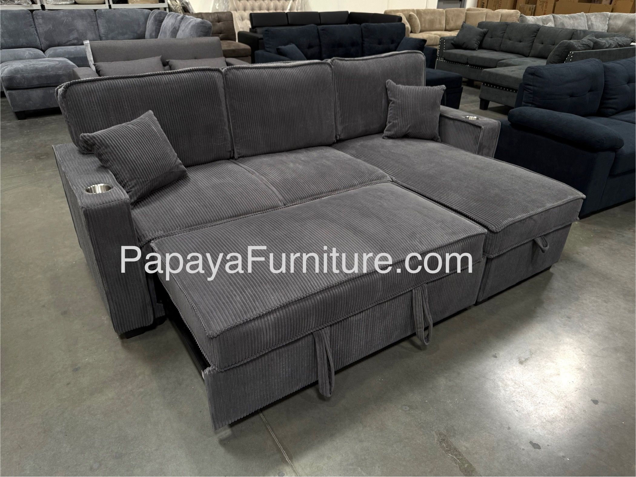 New! 89”L Reversible Grey corduroy Sectional Sofa Bed, Sectional Sofa Bed, Grey Sofa, Sleeper Sofa, Grey Couch, Reversible Sectional, Sectional Sofa W