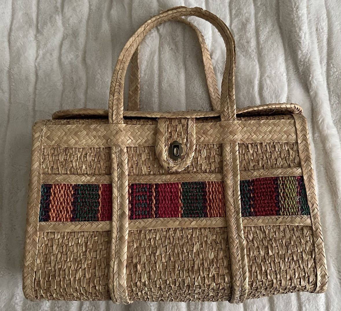 ✨Vintage Style 80’s LARGE Colorful Mexican Woven Straw Tote | Vintage 80s Mercado Market Beach Bag Top Handles Bucket Bag✨