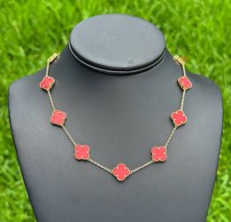 Jewelry 14k solid yellow gold  Van cleef style red color clover shape necklace 18” 1mm