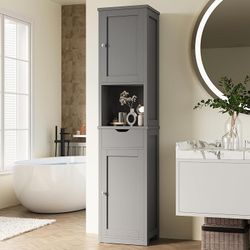 Tall Bathroom Storage Cabinet, Narrow Slim Cabinet, Gray 64inch Corner Floor Cabinet with Doors and Drawer, Freestanding Bathroom Organizer with Adjus