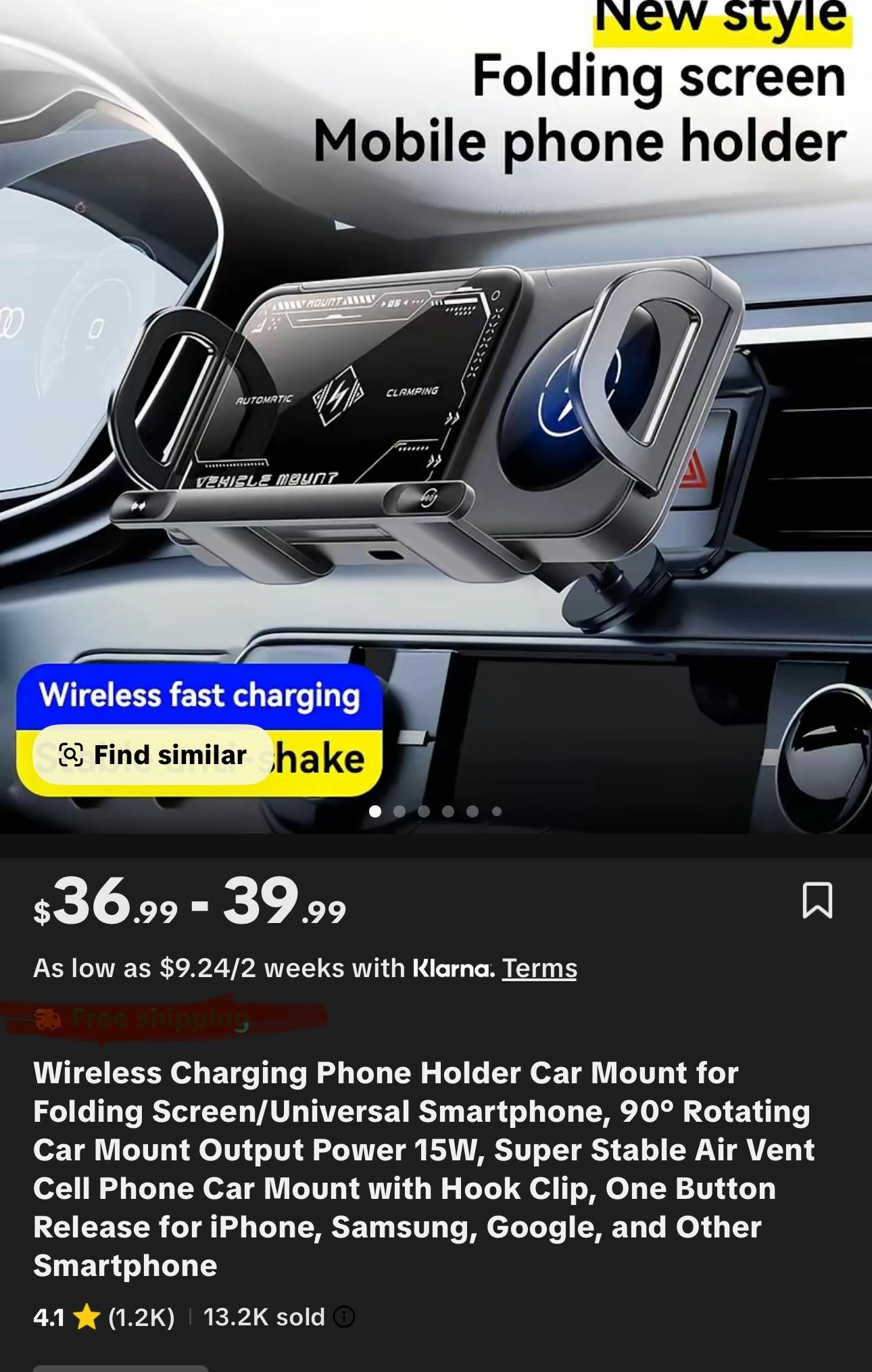 Wireless Charging Phone Holder Car Mount for Folding Screen/Universal Smartphone, 90° Rotating Car Mount Output Power 15W, Super Stable Air Vent Cell