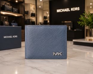 NEW Michael Kors Men’s Light Navy Blue Leather Bifold Wallet – No Box