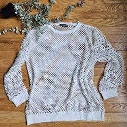 Incerun large white mesh open knit stitch fishnet cutout hollow pullover Crewneck with long sleeves. Perfect for layering. approximately ptp 23" lengt