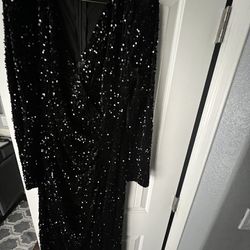 Black Formal Dress Gown Sequin Long Sleeve Stretch 8/10-L 