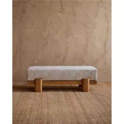 Beige Linen Upholstered Entry Bench, Solid Wood Padded Shoe Ottoman for Foyer & Bedroom