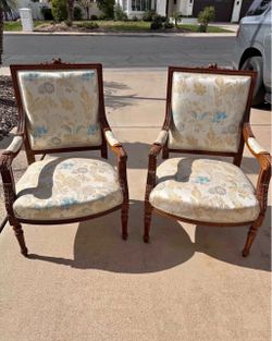 Set of 2 french style white, cream, blue, & wood chairs