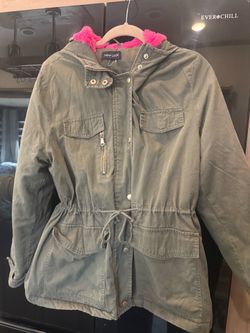 New Look Olive Utility Jacket with Bright Pink  Hood Trim