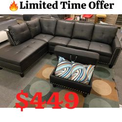 Black Faux Leather Synthetic Leather 3-Piece Sectional Sofa With Storage Ottoman 