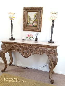Beautiful LARGE ornate wood frame marble top console table. Excellent condition.