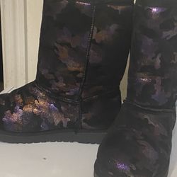 NEW Girls  Purple,Pink &Silver Tone Camouflage Boots W/black Faux Fur Lining 
