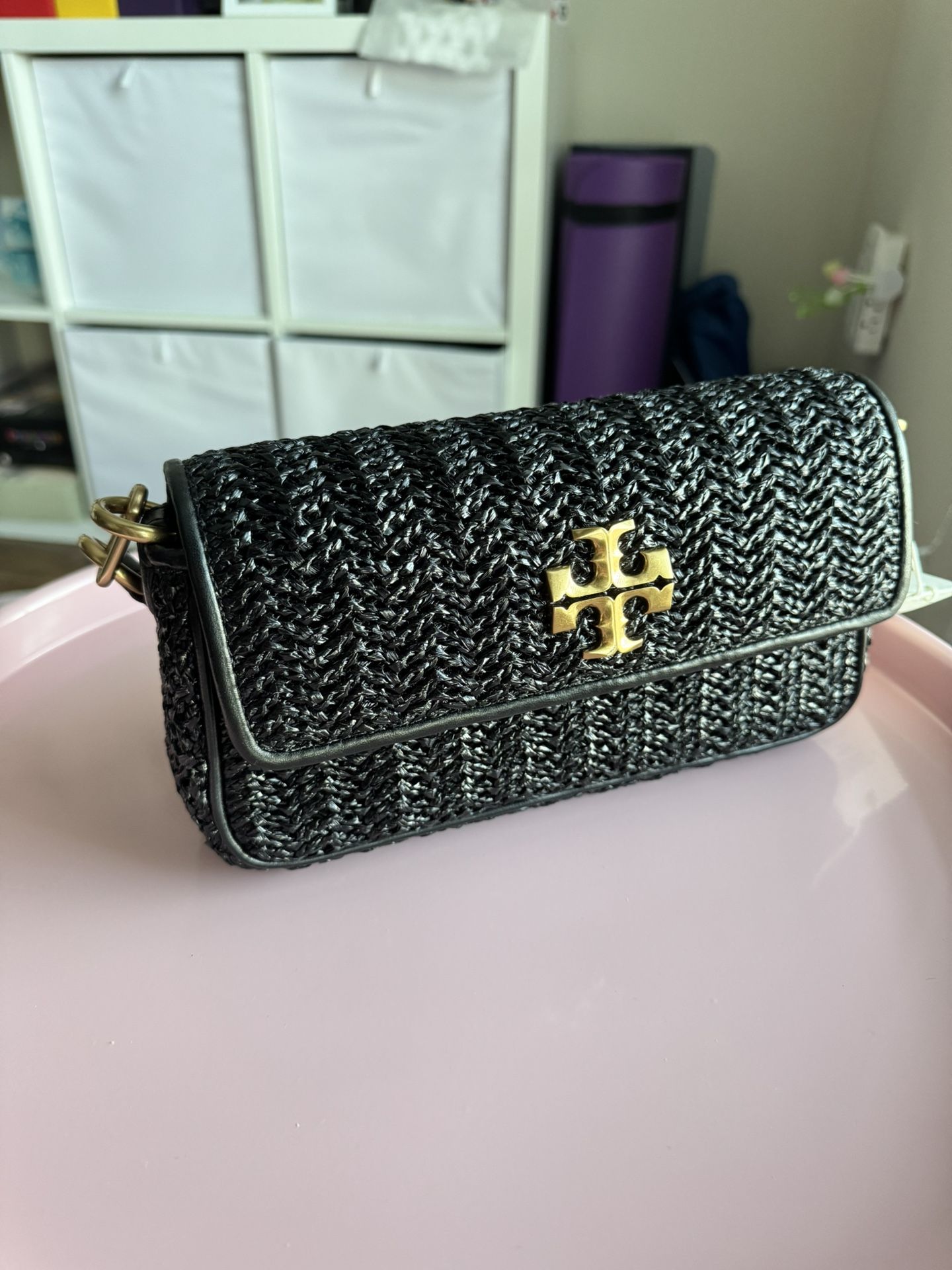 Tory Burch Small Kira Chevron Lacquered Raffia Flap Shoulder Bag