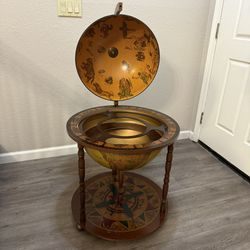 Vintage MCM Italian Zodiac wood globe Bar Cart on wheels - made in Italy.    25”Diameter x 37”H Price is firm, no holds 