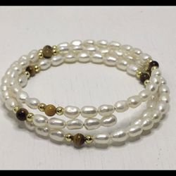 14k pearl & tiger's eye coil wrap bracelet