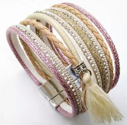 Beige Tassel Rhinestone Pink Multilayer Ethnic Trendy Bracelet