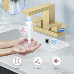 Cobbe Bathroom Faucets for Sink 3 Hole, Brushed Gold Bathroom Sink Faucet Square 4 Inch A23 G