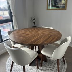 Walnut Wood 47”W Round Dining Table with set of 4 upholstered chairs- $300 MOVING SALE