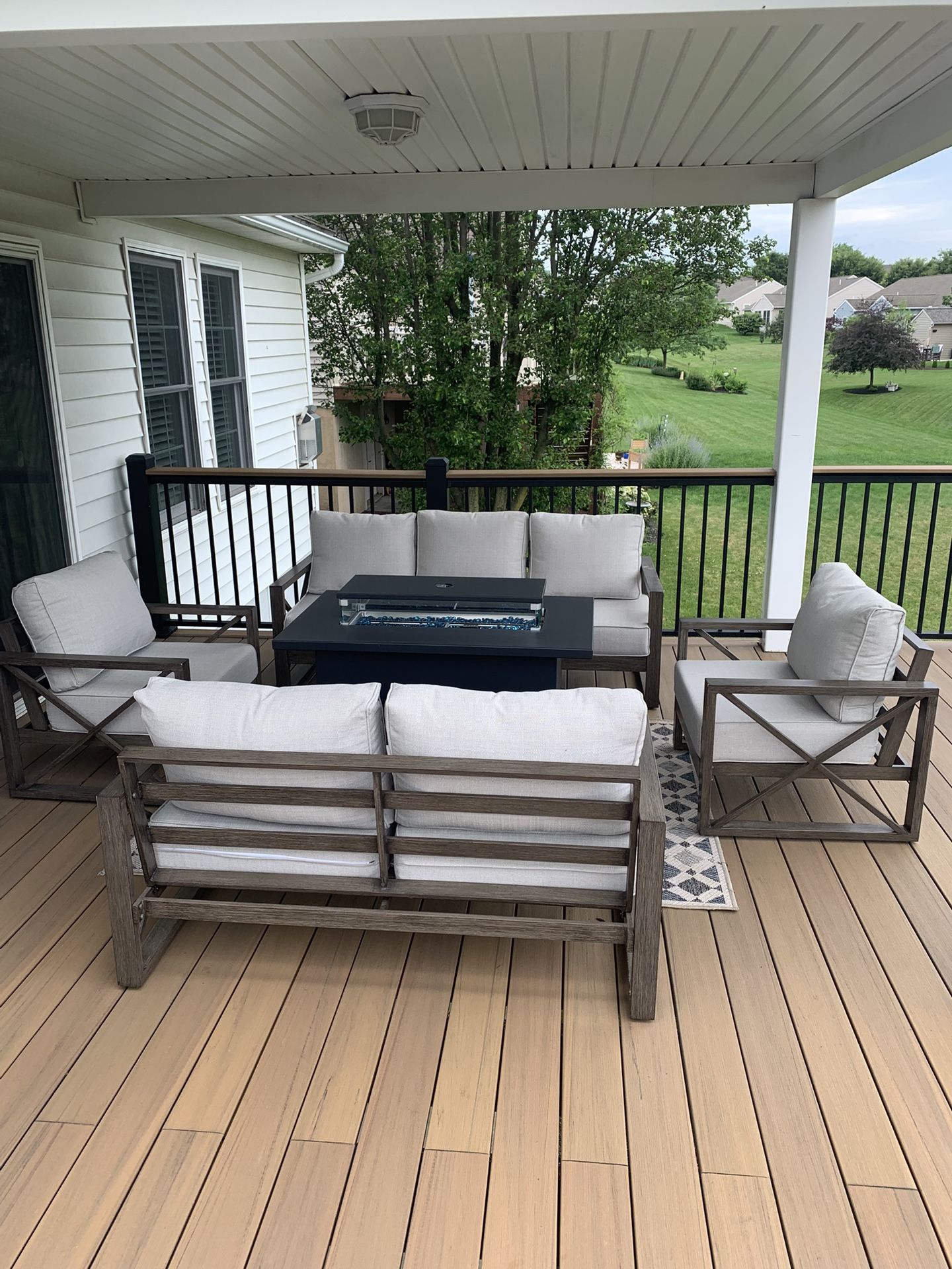Amopatio Aluminum Patio Furniture with Fire Pit, 8 Piece Set - Like New!