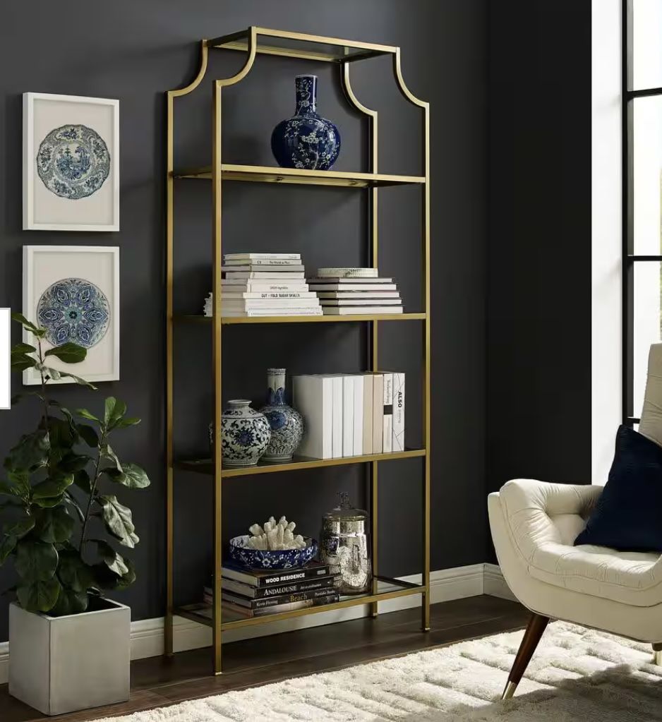 Elegant Gold Metal And Glass Bookshelf