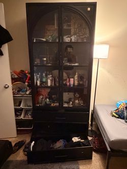 Black Arched Glass Door Display Cabinet with Drawers