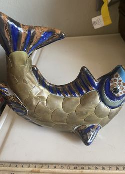 Vintage Mexican Tonala Ceramic and Brass Fish