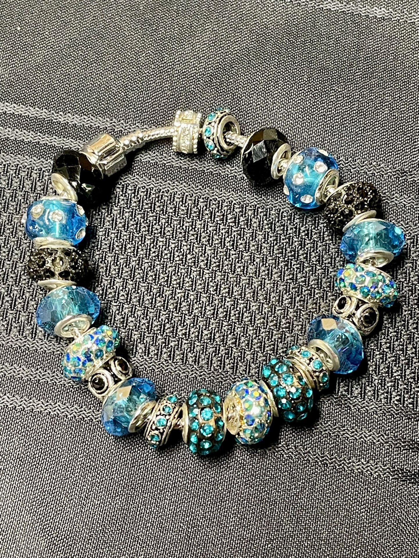 Sparkling Aqua Charm Bracelet with Rhinestone Beads