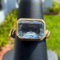 Jewelry 18k solid yellow gold white emerald cut blue aquamarine stone 4.00CTW twisted rope band ring size 6.50