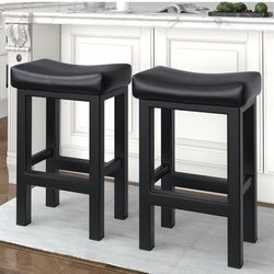 Bar Stools Set of 2, 24 Inch Counter Height Bar Stools for Kitchen Island, Faux Leather Upholstered Thick Saddle Seats & Heavy Duty Metal Base, Easy A