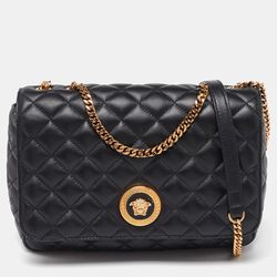 VERSACE Calf Leather Quilted Medusa Chain Crossbody Black