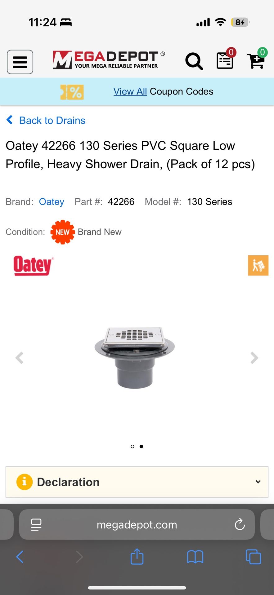Oatey Model# 42266 PVC Shower Drain With Stainless Steel Square Top 2”-3”- “NEW”