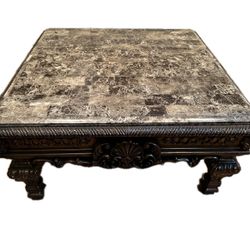 Traditional Solid Wood and Faux Marble Top Coffee Table in Cherry Casa Mollino- Coffee table- Ashley Furniture In Great Condition 